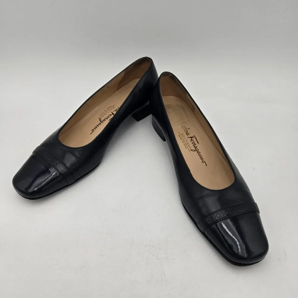 Vintage Salvatore Ferragamo Boutique Heels Womens 6.5 B Black Leather Shoes Logo